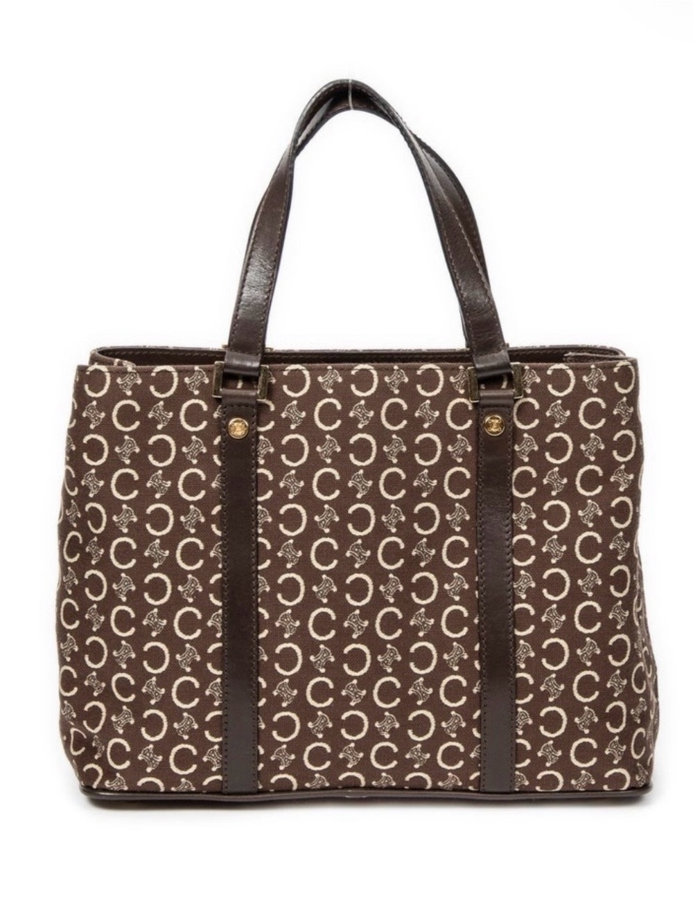 Celine vintage Brown Canvas Logo Tote with Dark Brown Trim